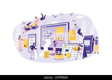 Business Concept pagamento online, fatture. Gruppo di impiegati migliora il lavoro dei trasferimenti di denaro. Lavoro di squadra di uomini d'affari in ufficio Illustrazione Vettoriale