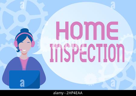 Segno che mostra Home ispezione, Business Showcase esame della condizione di una casa related Lady Call Center Illustrazione con Headphon Foto Stock