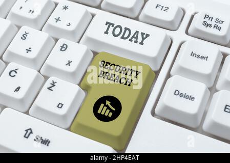 Testo della scrittura violazione di sicurezza, concetto che significa incidente che determina l'accesso non autorizzato dei dati Online Documentation Ideas, Uploading importante Foto Stock