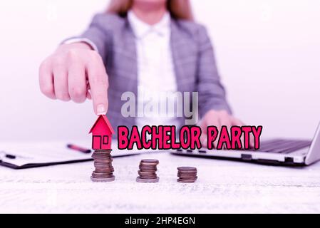 Testo della scrittura Bachelor Party, Business Overview Party dato per un uomo che sta per sposarsi Stag notte discutere House Financing Plans, Expl Foto Stock