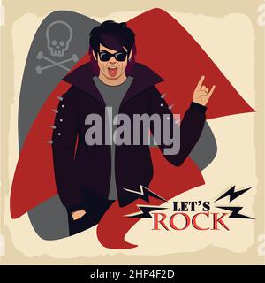 Poster, uomo gesturante corna a mano in abiti rock Cartoon illustrazione vettoriale Illustrazione Vettoriale