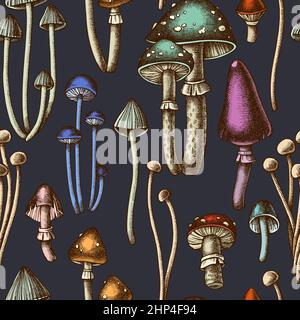 Forest funghi senza cuciture disegno di fondo modello. Stile inciso. Funghi trafilati a mano, mosca agarico, enoki . Illustrazione Vettoriale