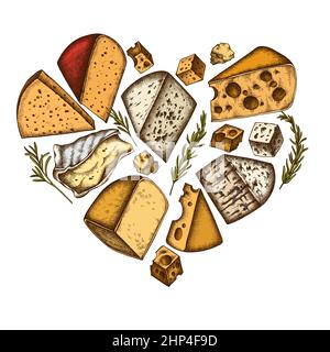 Formaggio cuore vintage design. brie, formaggio gouda, roquefort, parmigiano reggiano, maasdam, gorgonzola, emmental. Illustrazione Vettoriale