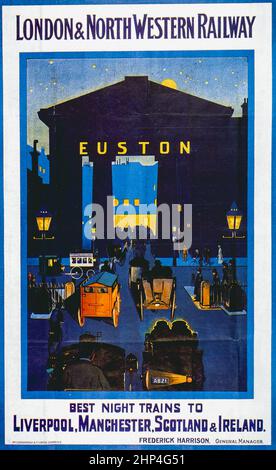 Stazione Vintage di Euston treni notturni di Londra poster di viaggio ferroviario. REGNO UNITO Foto Stock