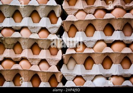 Impilare con uova di pollo fresche in cartoni di uova da vendere al mercato agricolo. Foto Stock