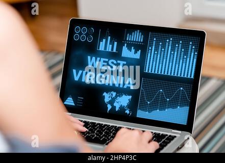 Scrittura visualizzazione del testo West Virginia, Business idea Stati Uniti d'America viaggio Stato Turismo viaggio storica Donna seduta con laptop Back View Foto Stock