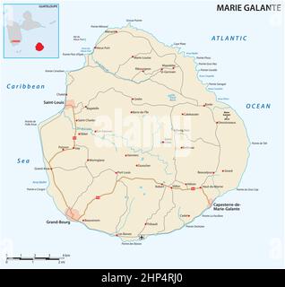 Cartina stradale dell'isola di Marie Galante, parte della Guadalupa Illustrazione Vettoriale