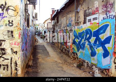 Tel Aviv, Israele. 25th Nov 2018. L'arte di strada adorna le facciate nel quartiere alla moda Florentin di Tel Aviv. Credit: Cindy Riechau/dpa/Alamy Live News Foto Stock