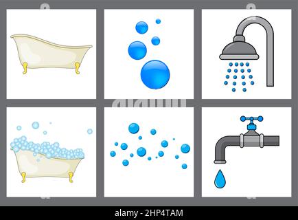 Set icone bagno. Raccolta di vasca da bagno con bolla e schiuma, rubinetto e doccia. Illustrazione vettoriale isolata su bianco. Illustrazione Vettoriale