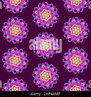 Illustrazione raster pattern senza giunture di mandala in luccicante brillante colore lilla su sfondo nero scuro. Illustrazione di alta qualità Foto Stock