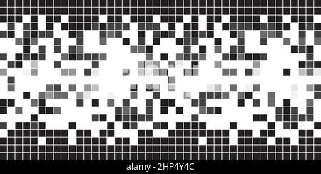 Sfumatura del motivo pixel del bordo in scala di grigi. Tessere quadrate grigie disegno di mosaico geometrico. Sfondo vettoriale astratto. Illustrazione Vettoriale