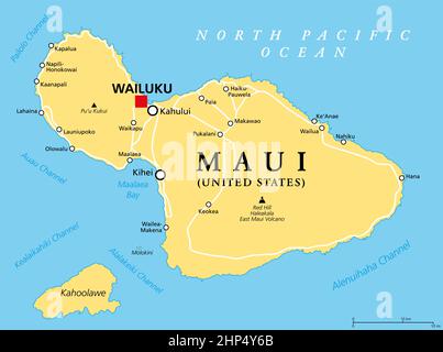 Maui, Hawaii, Stati Uniti, mappa politica, con capitale Wailuku Illustrazione Vettoriale