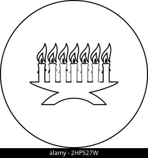 Kwanzaa candele incandescente vacanza africana sette candela su candelabro americano etnia vacanza culturale icona in cerchio rotondo nero colore vettore illustrazione solido contorno stile immagine Illustrazione Vettoriale