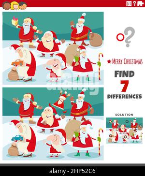 Attività di differenze per i bambini con i personaggi di Babbo Natale Illustrazione Vettoriale