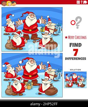 Gioco di differenze per bambini con personaggi di Babbo Natale Illustrazione Vettoriale