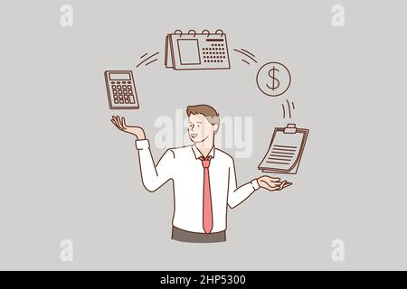 Calcolatore di uso dell'uomo mange il preventivo o le spese dell'azienda Illustrazione Vettoriale