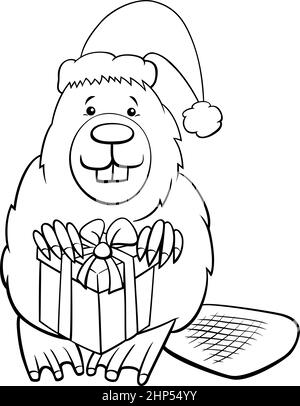 Cartoon Beaver on Natale tempo colorare pagina libro Illustrazione Vettoriale