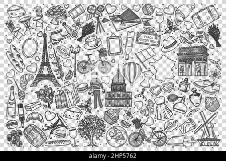 Francia doodle set Illustrazione Vettoriale