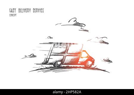 Concetto di servizio di consegna rapida. Vettore isolato disegnato a mano. Illustrazione Vettoriale
