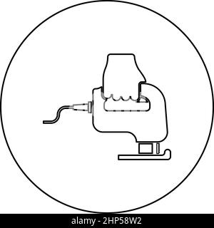 Sega elettrica a tazza per utensili in uso icona del braccio in cerchio circolare nera illustrazione vettoriale a tinta unita immagine stile contorno Illustrazione Vettoriale