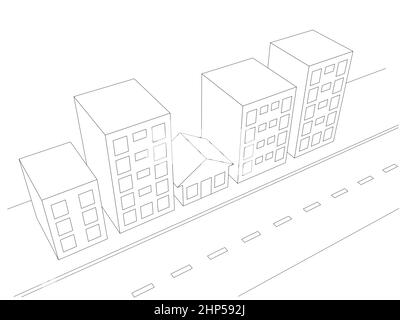 semplice illustrazione di edifici della città e una piccola casa nel 3d. vista prospettica aerea Foto Stock