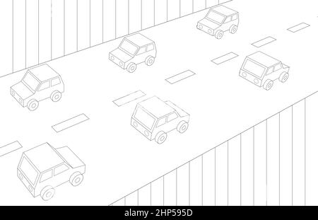 traffico auto sulla strada, bianco e nero strada vista prospettica illustrazione Foto Stock