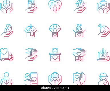 Icone vettoriali lineari gradiente opportunità di donazione impostate Illustrazione Vettoriale