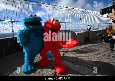 New York, Stati Uniti. 18th Feb 2022. Cookie Monster ed Elmo Visita l'Empire state Building per festeggiare il ritorno di "Sesame Street Live" al Madison Square Garden, 18 febbraio 2022, a New York, NY (Foto di Anthony Behar/Sipa USA) Credit: Sipa USA/Alamy Live News Foto Stock