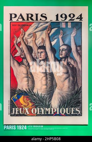 tokyo, giappone - agosto 10 2021: Poster francese di Parigi 1924 giochi olimpici estivi raffiguranti atleti che fanno il saluto olimpico sulla bandiera della Repubblica francese Foto Stock
