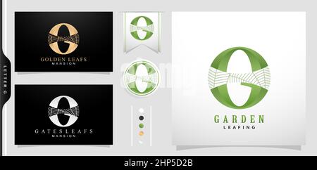 Illustrazione del logotipo della lettera G FOGLIATURA DEL GIARDINO o del logo DELLE FOGLIE D'ORO con gli sfondi neri e bianchi isolati, applicabile per azienda, corporate, agenzia, immobiliare, hotel, appartamento e ecc Illustrazione Vettoriale