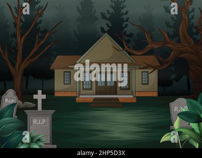 Sfondo di Halloween con casa spaventosa e luna piena di notte Illustrazione Vettoriale