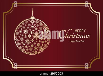 Palla di Natale o vettore bauble con fiocchi di neve. Appendiabiti in oro con catena. Illustrazione Vettoriale