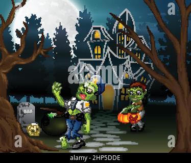 Cartone animato di due zombie di fronte alla casa infestata Illustrazione Vettoriale