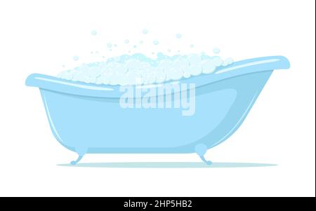 Bagno con schiuma di sapone. Illustrazione vettoriale di una vasca da bagno di cartone animato piena di schiuma di sapone blu isolata su sfondo bianco. Illustrazione Vettoriale