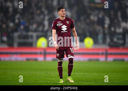 Torino, Italia. 18 febbraio 2022. SASA Lukic del Torino FC si occupa durante la serie Di Una partita di calcio tra Juventus FC e Torino FC. Credit: Nicolò campo/Alamy Live News Foto Stock