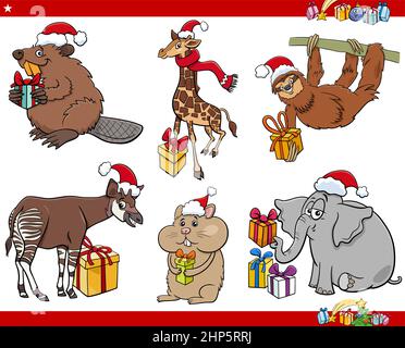 Set di animali da cartoon con regali di Natale Illustrazione Vettoriale