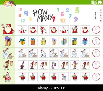 Attività di conteggio per i bambini con i personaggi di Natale cartone animato Illustrazione Vettoriale
