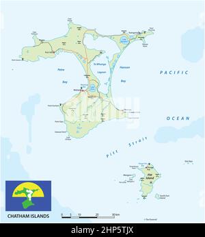 Mappa vettoriale dell'arcipelago neozelandese Isole Chatham con bandiera Illustrazione Vettoriale