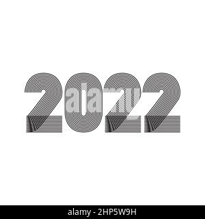 2022 Felice Anno Nuovo. Sfondo astratto geometrico del disegno della copertina. 2022 numeri in linee sottili disegno vettoriale stile a strisce. Rapporto annuale, banner, brochure, etichetta, volantino, poster. Colori bianco e nero Illustrazione Vettoriale