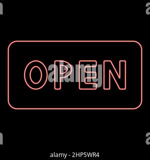Cartello al neon aperto rosso immagine vettoriale a colori piatta Illustrazione Vettoriale