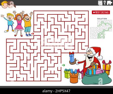 Gioco di labirinto con cartoon Babbo Natale e bambini Illustrazione Vettoriale