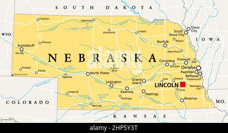 Nebraska, NE, mappa politica, stato degli Stati Uniti, soprannominato Stato della Cornhusker Illustrazione Vettoriale