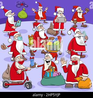 Gruppo di personaggi cartoni animati Babbo Natale con regali di Natale Illustrazione Vettoriale