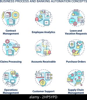 Set di icone di concetto di automazione bancaria e dei processi aziendali Illustrazione Vettoriale