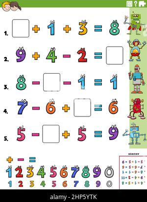 pagina del foglio di lavoro delle attività didattiche di calcolo matematico per i bambini Illustrazione Vettoriale