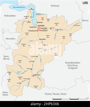 Mappa vettoriale del cantone svizzero di Uri con le città più importanti Illustrazione Vettoriale