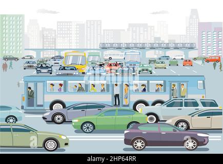 Trasporto su strada con autobus e mezzi pubblici Illustrazione Vettoriale