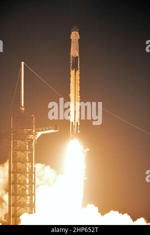 Un razzo SpaceX Falcon 9 a due fasi parte dal Launch Complex 39A presso il Kennedy Space Center della NASA in Florida per Demo-1, la prima missione senza equipaggio del Commercial Crew Program dell’agenzia. Il liftoff era alle 2:49 del mattino, 2 marzo 2019 Foto Stock