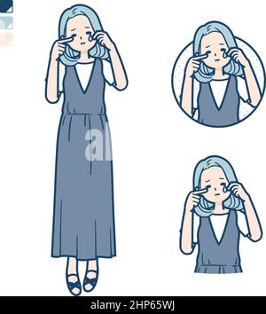 Una giovane donna in un abito senza maniche con immagini piangenti. È un'arte vettoriale per cui è facile da modificare. Illustrazione Vettoriale