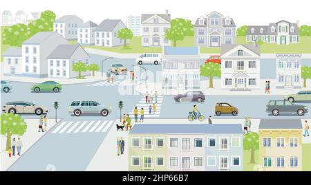 Famiglie e persone sul marciapiede con illustrazione del traffico stradale Illustrazione Vettoriale